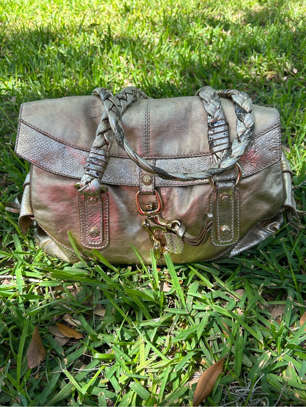Francesco Biasia Metallic Gold Braided-Handle Large Satchel 100% Leather